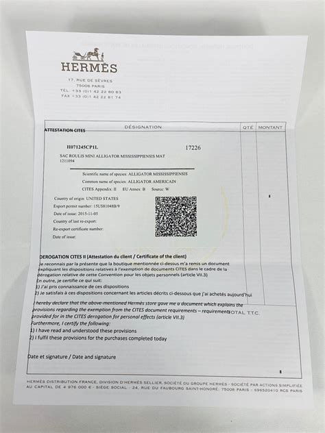 hermes bag certificate